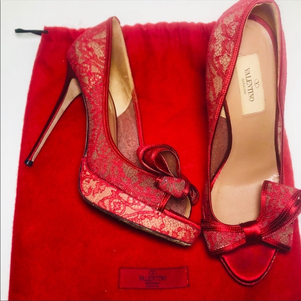 Valentino Red Couture Satin Lace Open Toe Bow Platform - Picture 2 of 5
